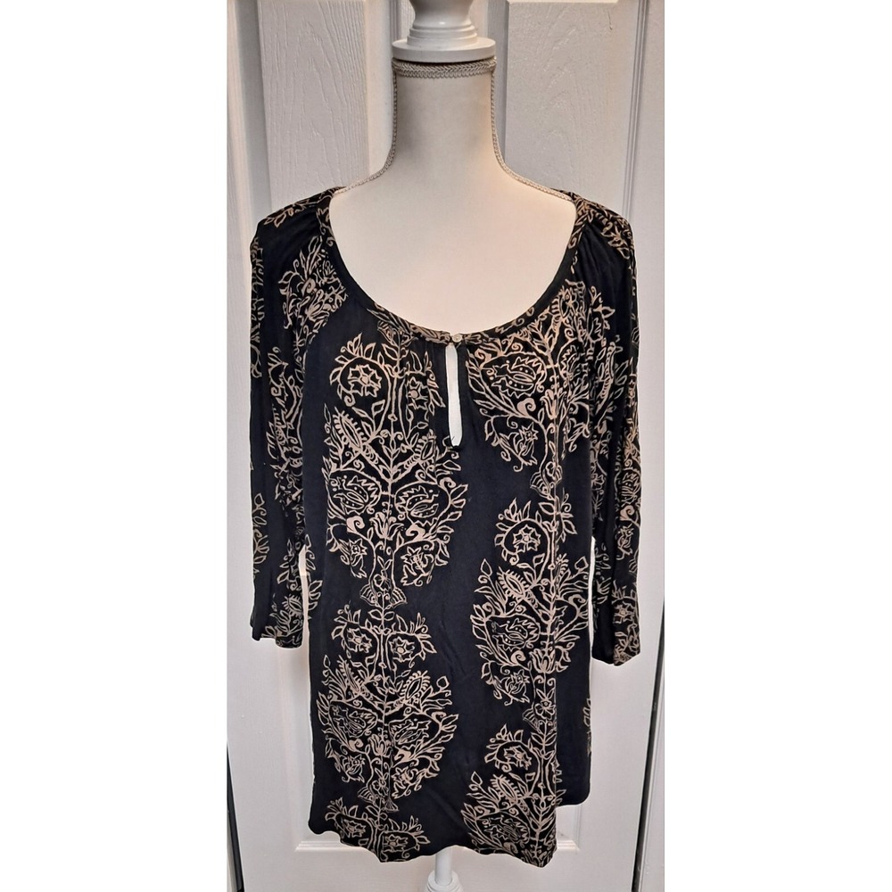 Lucky Brand Top 2X‎ Black Beige Boho Keyhole Neck 3/4 Sleeve Blouse Women's